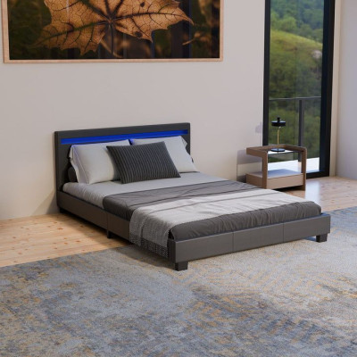 Moderná čierna čalúnená posteľ 140x200 s LED a roštom