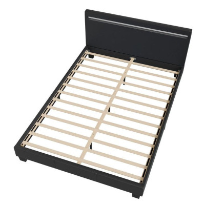 Moderná čierna čalúnená posteľ 140x200 s LED a roštom