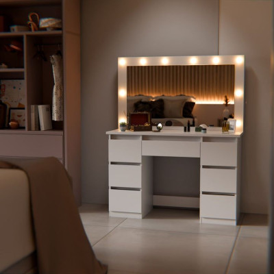 Toaletný stolík s LED zrkadlom a 7 zásuvkami, biely