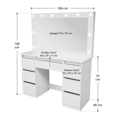 Toaletný stolík s LED zrkadlom a 7 zásuvkami, biely