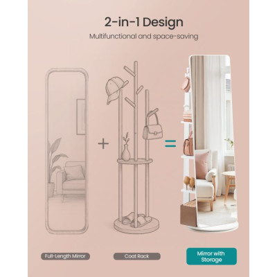 Stojacie zrkadlo s úložným priestorom, biele, 45 x 163 cm