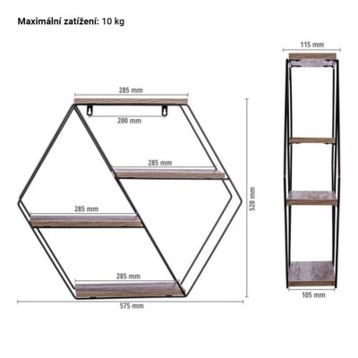 STILISTA Nástenná šesťhranná police, sv. drevo, 51x58x11 cm
