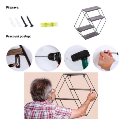 STILISTA Nástenná šesťhranná police, sv. drevo, 51x58x11 cm