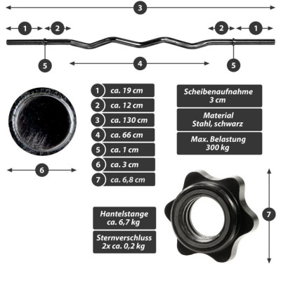 Maxxiva zakrivená činková tyč- čierna, 130cm, hviezd. zámky