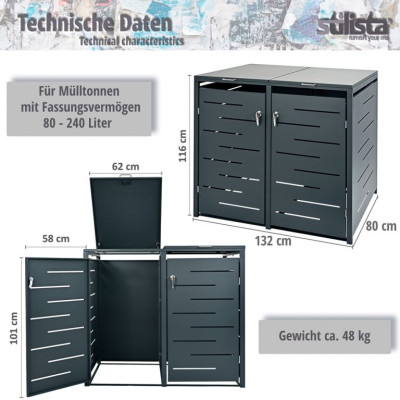 STILISTA skriňa na 2 popolnice 132 x 80 x 116 cm, strieborná