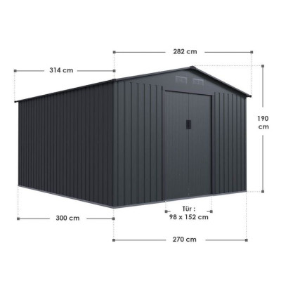 Kovový záhradný domček s posuvnými dverami 282 x 314 x 190 c