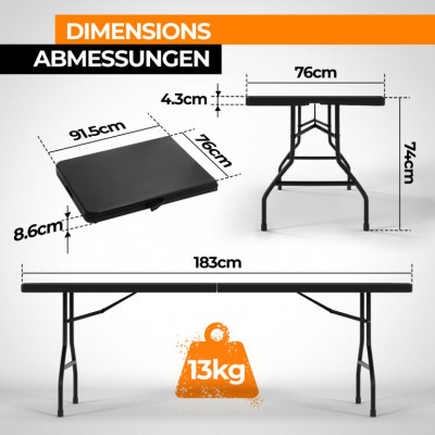 Jago skladací stôl  pre 8 osôb - čierny, 183 cm