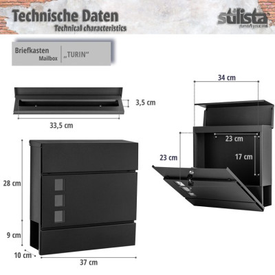 Poštová schránka Turín, 370 x 370 x 110, čierna