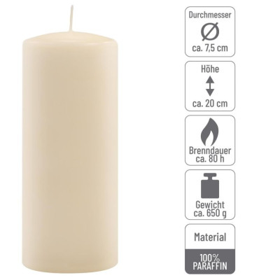 Sada stĺpových sviečok, 20 cm, Ø 7,5 cm, krémová, 6 ks
