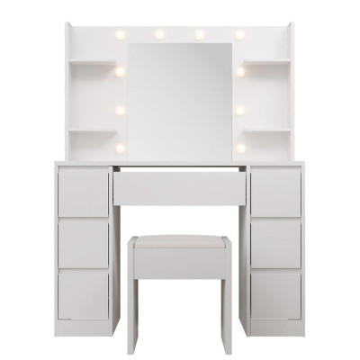 Kozmetický stolík s LED zrkadlom a taburetom, biely