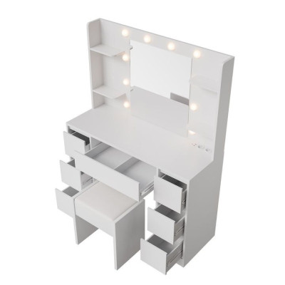 Kozmetický stolík s LED zrkadlom a taburetom, biely