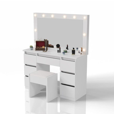 Kozmetický stolík s LED zrkadlom a stoličkou, biely