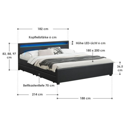 Posteľ 180x200 čierna s LED a úložnými šuplíkmi