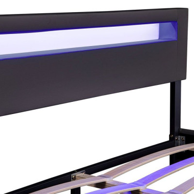 Moderná čierna čalúnená posteľ 160x200 s LED a roštom