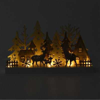 Drevená vianočná dekorácia s lesnou krajinou, 10 LED, 3D efe