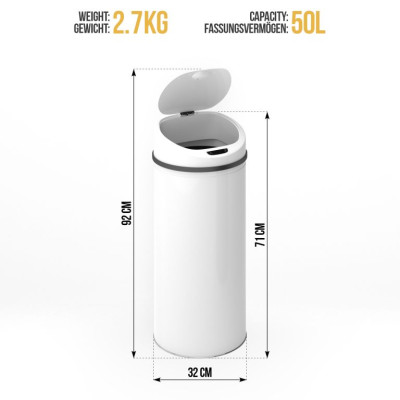 Bezdotykový odpadkový kôš so senzorom, 50 l, biely