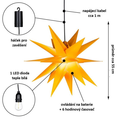 Vianočná dekorácia - hviezda s časovačom 1 LED, 55 cm, žltá