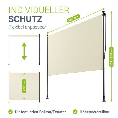 Zvislá markíza na balkón 200x228-316 cm, UV ochrana, béžová