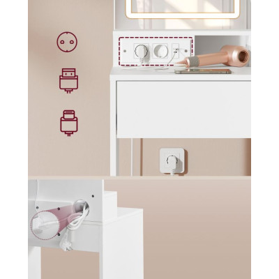 Kozmetický stolík s LED zrkadlom, USB, biely, 80x40x132,5 cm