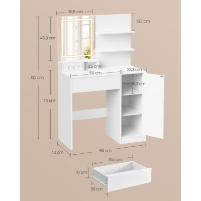 Kozmetický stolík s LED zrkadlom, USB, biely, 80x40x132,5 cm