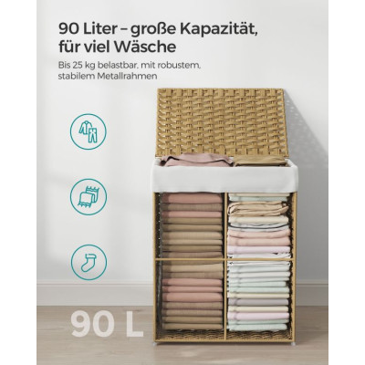 Pletený košík na bielizeň s vekom a vyberateľnou vložkou,90l