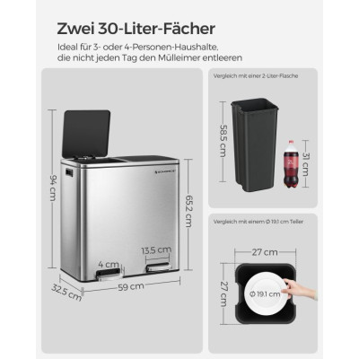 Nerezový kuchynský kôš na triedený odpad 2x30 l