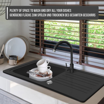 Kuchynský drez granitový s odkvapkávačom a batériou, čierny