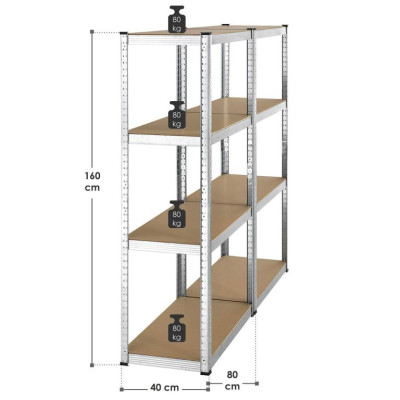 Kovový regál Easy 2 ks 160x80x40 cm, 4 police, nosnosť 640kg