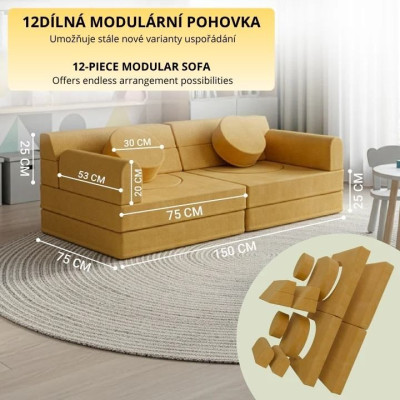 Dizajnová modulárna pohovka pre deti, 150 cm, horčicovo žltá