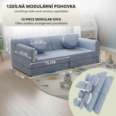 Dizajnová modulárna pohovka pre deti, 150 cm, svetlo modrá