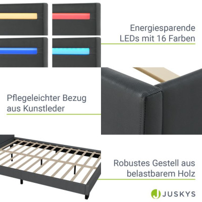 Moderná sivá čalúnená posteľ 140x200 s LED a roštom.