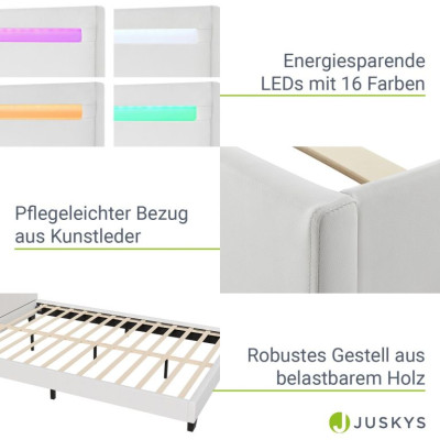 Moderná biela čalúnená posteľ 140x200 s LED a roštom