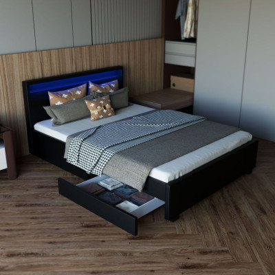 Moderná posteľ 140x200 cm s LED a úložným priestorom, čierna