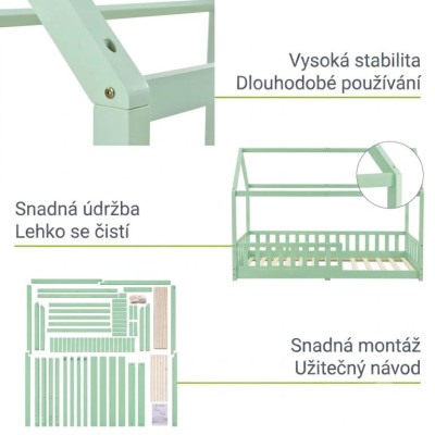 Domčeková posteľ 90x200 cm s bočnicou a roštom, zelená