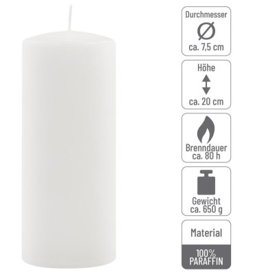 Sada stĺpových sviečok, 20 cm, Ø 7,5 cm, biela, 2 ks