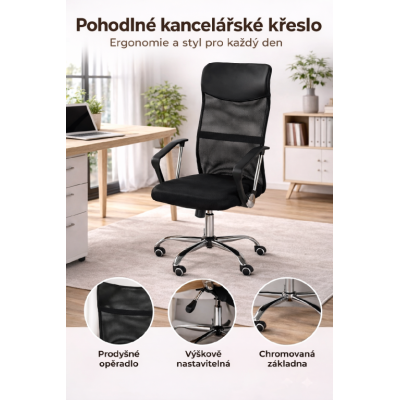 Kancelárska stolička čierna, ergonomická, sieťovaná, nastavi