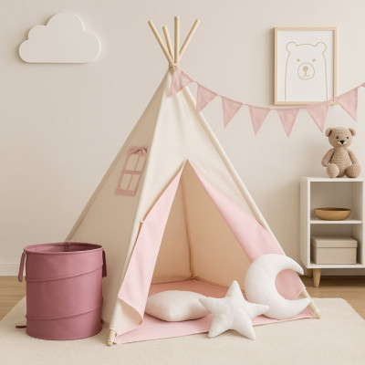 Detský stan teepee, ružovo/béžový, s príslušenstvom