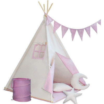 Detský stan teepee, ružovo/béžový, s príslušenstvom