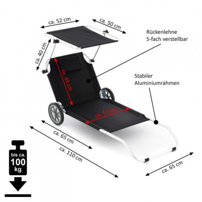 Plážové lehátko so strieškou a funkciou vozíka, 150x60x90 cm