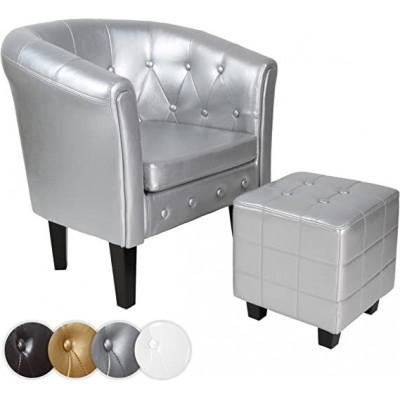 Klubové kreslo s taburetom Chesterfield, strieborné
