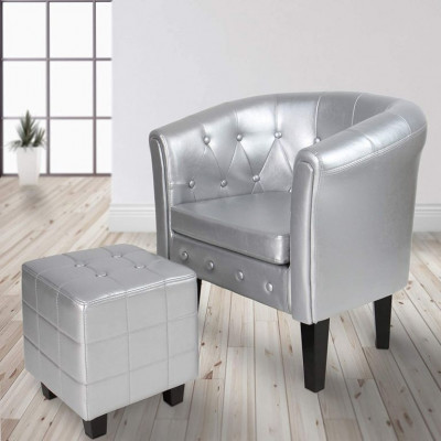 Klubové kreslo s taburetom Chesterfield, strieborné