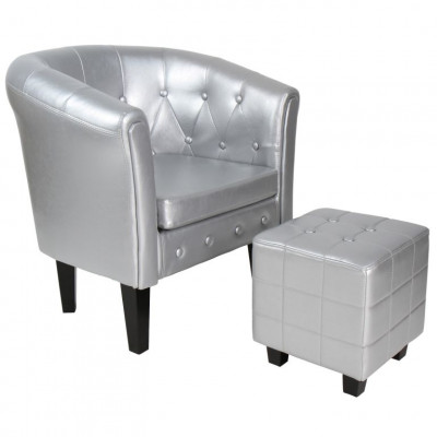 Klubové kreslo s taburetom Chesterfield, strieborné