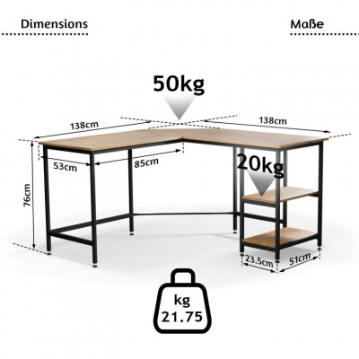 MIADOMODO Písací stôl 138 x 138 x 76 cm, hnedá/čierna