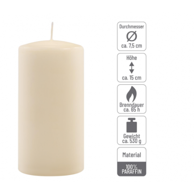 Sada stĺpových sviečok, 15 cm, Ø 7,5 cm, krémová, 4 ks